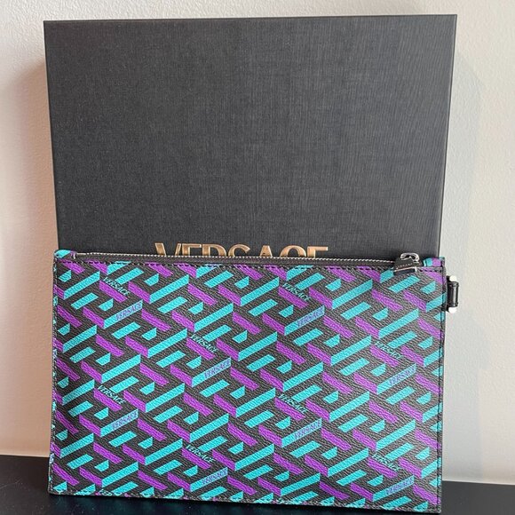 Versace La Greca Multicolor Coated Canvas Clutch/Wristlet - New - Picture 2 of 9
